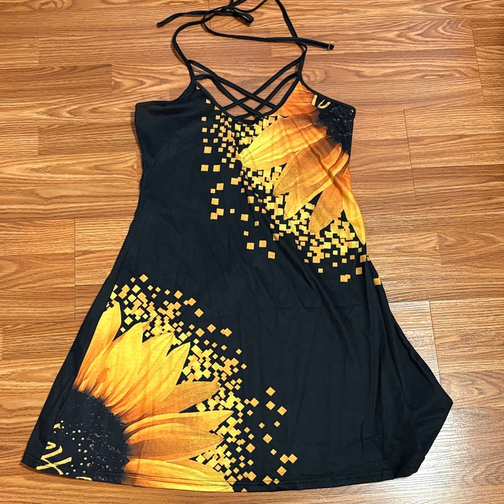 Sunflower Print Black Dress
